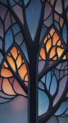 A detailed stained glass window design, featuring a stylized tree and vibrant color palettes, evokes a sense of serenity and tranquility.