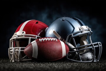 Red and blue American football helmets and a ball arranged in a dramatic setting showcasing the sport's intensity and passion during a matchup
