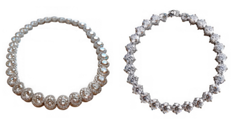Two luxurious diamond necklaces displayed separately, one large stone necklace and one smaller stone necklace, isolated on transparent background