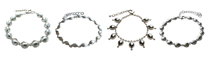 Obraz premium A collection of four delicate silver anklets with charms, isolated on transparent background