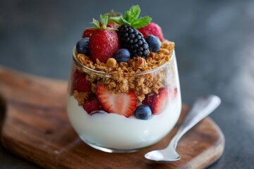 Fresh yogurt parfait with mixed berries, granola, and mint in a glass on wood