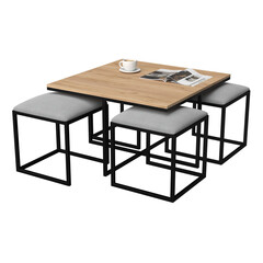 Modern loft style dining table with four stools. Compact, stylish and practical solution for kitchen, living room or cafe interior.