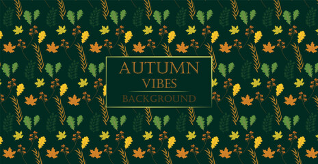 Autumn leaves set isolated on green panoramic background pattern - Vector illustration