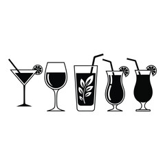 Diverse collection of classic cocktail glasses and drinks icons ready for design projects