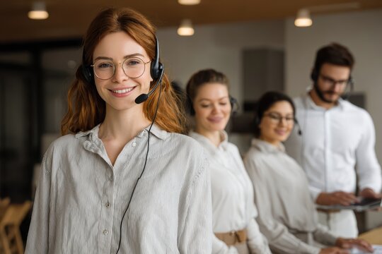 Call center worker collaborating with her team during a busy work day in a modern office environment