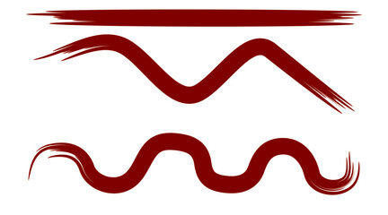 Three abstract brush strokes in dark red, including a straight line, a zigzag, and a wavy line.