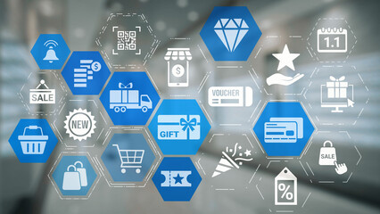 Naklejka premium Digital gift card icons show e-commerce, payment, and digital gift card redemption. Digital gift card supports online shopping, secure payment, and customer loyalty programs. Gist