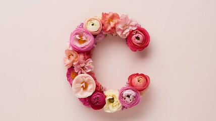 Floral letter C crafted from pink and peach roses and ranunculus flowers alphabet flower arrangement