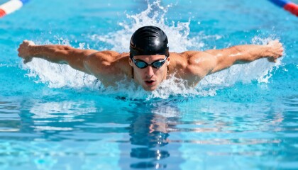 Young man swimming butterfly stroke in pool, splashing clear blue water