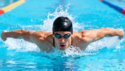 Young man swimming butterfly stroke in pool, splashing clear blue water