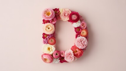 Floral letter D formed with pink and peach roses and ranunculus flowers alphabet flower arrangement