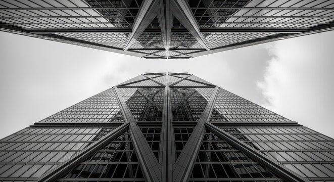 Futuristic architecture with symmetrical glass skyscraper design for urban cityscapes - Powered by Adobe