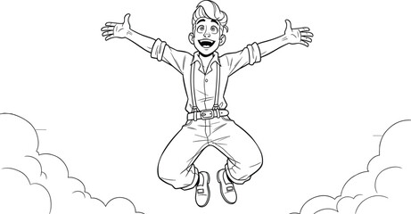 Cartoon character jumping joyfully in air with wide smile, expressive pose, casual outfit, happiness illustration, freedom concept, playful design