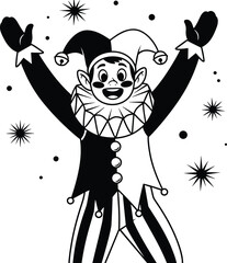 Cartoon jester character in festive costume with bells, striped pants, joyful pose, carnival clown illustration, playful celebration design