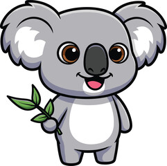 Cartoon koala character with fluffy ears, smiling face, holding green branch, cute animal illustration, children’s design, friendly wildlife art
