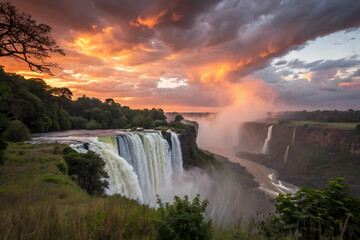 Beautiful landscape of waterfall on long exposure at night, Iguazu Falls, Foz do Iguacu, Parana State, South Brazil