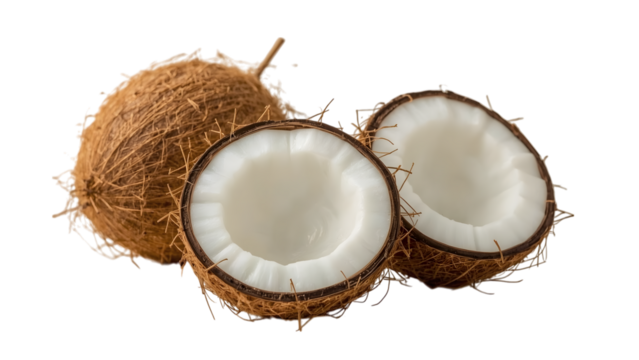 Tropical Coconut: A visual feast, fresh coconuts, whole and halved, showcasing their outer husk and inviting inner flesh, ready to transport you to a sun-drenched tropical escape. 