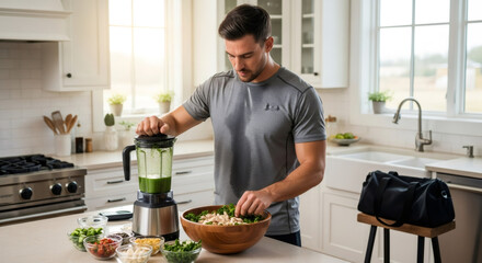 Quick Healthy Meal Prep A man blends a nutritious green drink and prepares fresh food in his kitchen, embodying a balanced, active lifestyle