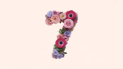 Number 7 formed from pink and purple flowers on a light pink background seven digit
