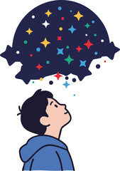 Boy looking up at a sky full of colorful stars imagination concept