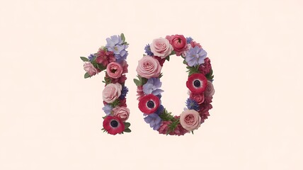 Number 10 formed from assorted pink red and purple flowers and greenery numeral count