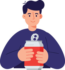 Young man holding a soda can on white background, illustration.