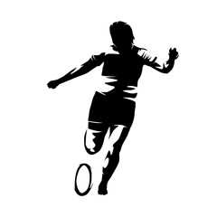 Rugby logo, woman kicking rugby ball, abstract isolated vector silhouette, high contrast illustration