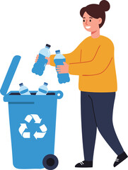 Woman recycling plastic bottles into a blue recycle bin outdoors