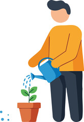 Person waters a plant in a pot, concept of growth and cultivation