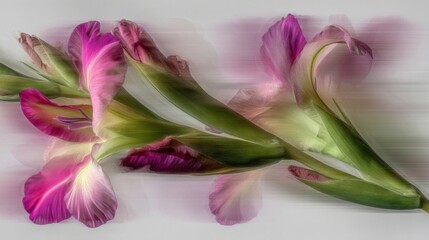 Soft focus gladiolus flowers in pink and purple hues with textured background