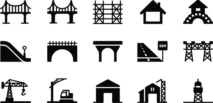 Collection of black and white silhouette icons representing various structures and construction elements