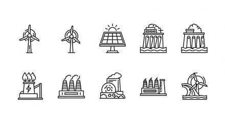 Fototapeta premium Black and white line art icons of renewable energy sources.