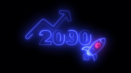 Blue neon 2090 year with upward arrow graph and rocket ship icon on black background new year