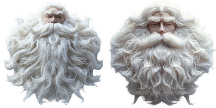 Two portraits of a wise old man with a long white beard and mustache isolated on transparent background