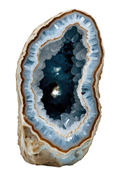A geode slice, light-blue agate exterior, dark-blue crystal cavity