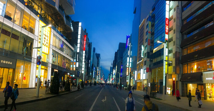 Calle comercial japonesa al anochecer con r&oacute;tulos luminosos, edificios altos y multitud paseando por avenida peatonal. Escena urbana vibrante.