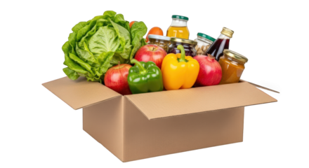 Cardboard Box Full of Fresh Produce Isolated on Transparent Background, Perfect for Grocery Delivery and Healthy Eating Concepts, Showcasing Variety