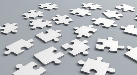 Scattered white puzzle pieces on gray surface representing problem solving and connection