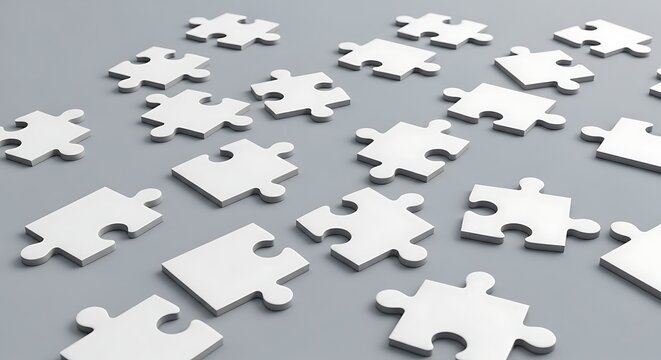Minimalist white jigsaw puzzle pieces on grey background, abstract business strategy concept, scattered puzzle elements for problem solving and teamwork