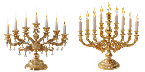 Two ornate golden menorahs with lit candles, isolated on transparent background