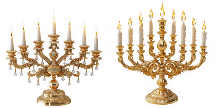 Two ornate golden menorahs with lit candles, isolated on transparent background