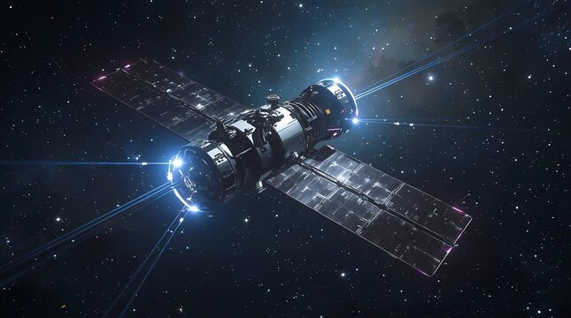 Futuristic Satellite with Solar Panels in Outer Space Advanced Space Technology Concept