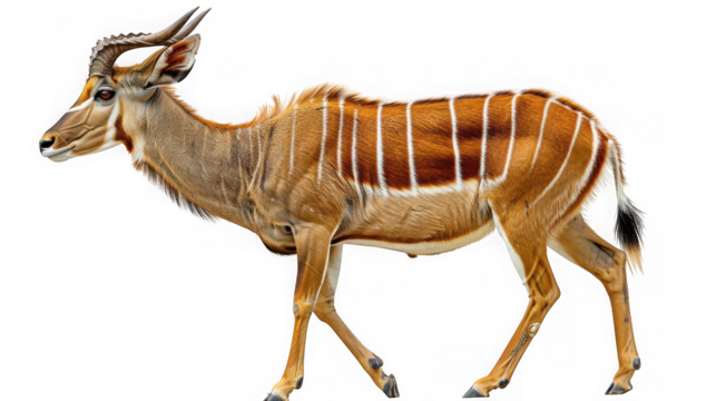 A female greater kudu antelope with distinctive white stripes on its flank, isolated on transparent background