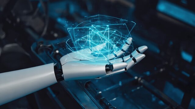 Futuristic robotic hand holding glowing digital sphere with holographic architecture inside, modern technology concept of artificial intelligence, innovation and advanced virtual reality design