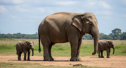 Fototapeta premium Majestic Asian elephant with two calves in a vast, open field under a bright sky, showcasing family bonds in the wild.