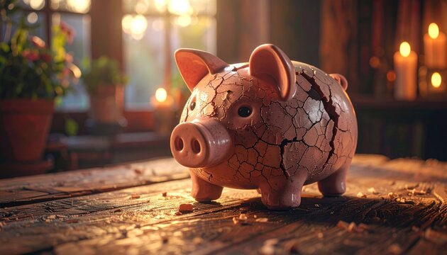 A cracked piggy bank sits on a rustic wooden table, bathed in the warm glow of soft, natural light filtering through a window, symbolizing financial challenges or broken savings