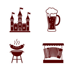Beer mug with grilling sausages and castle background symbols - Funny oktoberfest vector icons in a set 