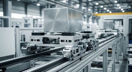 Obraz premium Closeup of an automated track system moving heavy components on a production line, showcasing sleek machinery in a modern industrial setting