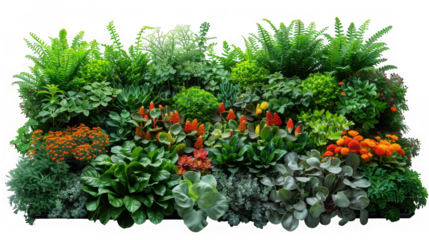 A lush vertical garden wall with a variety of green plants and colorful flowers, isolated on transparent background