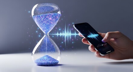 Time flies with digital music hourglass and phone visualization technology concept